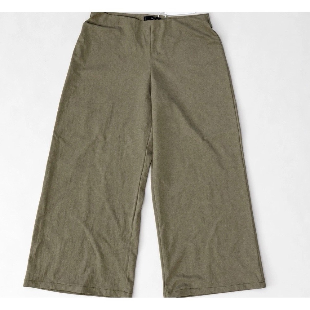 MNG Women Green Wide-Leg Cropped Pants Flat Front Cotton Linen Blend L